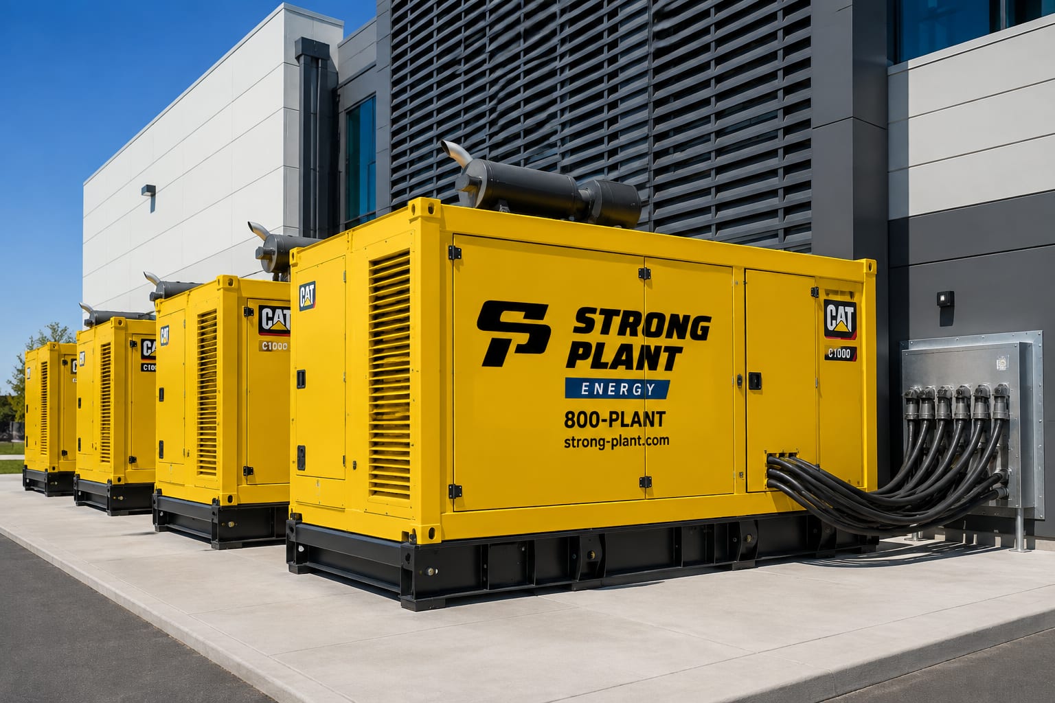 Row of paralleled containerised generators outside a data centre during commissioning
