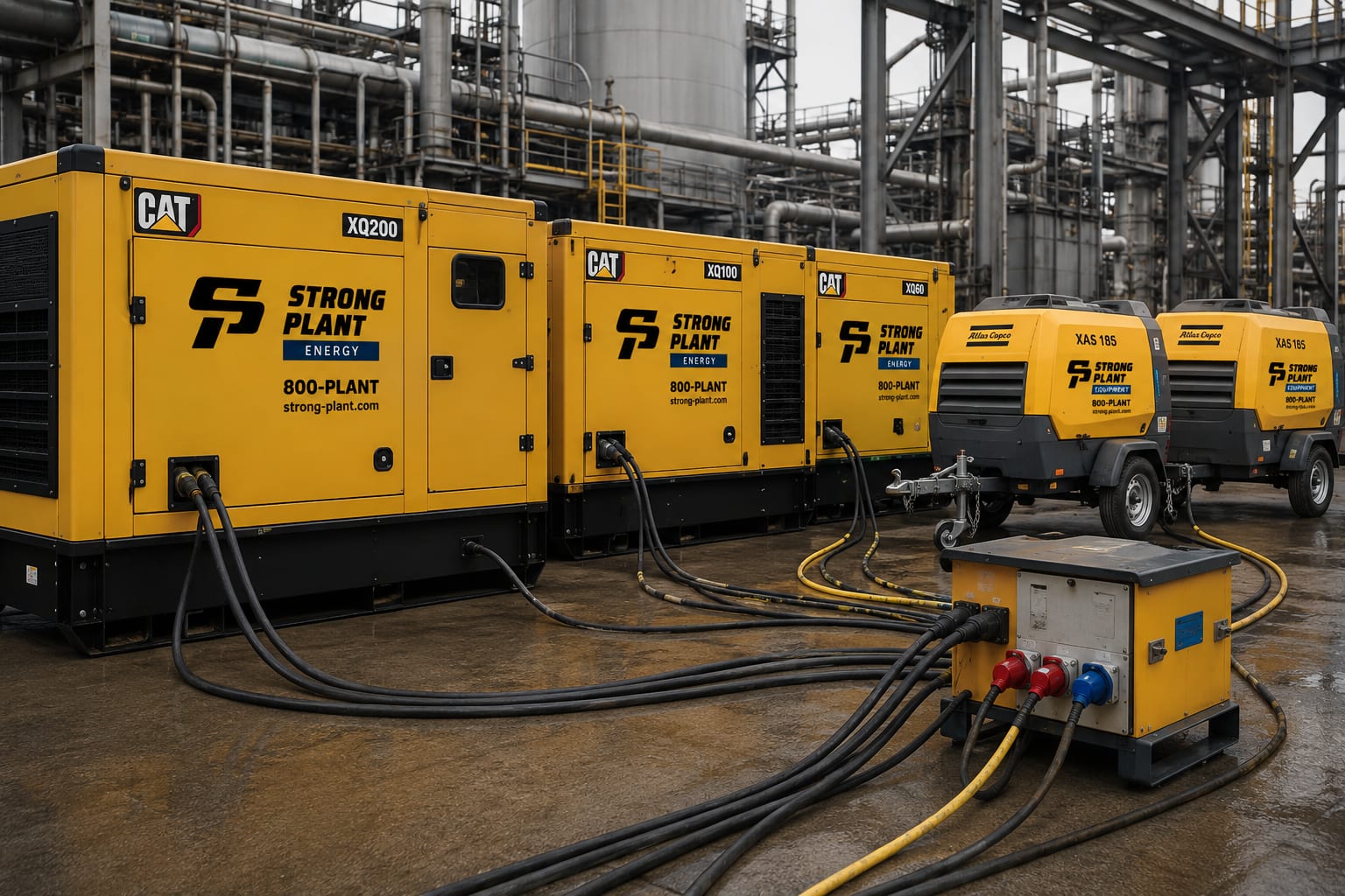 Generators and air compressors staged inside a UAE industrial plant for a planned shutdown