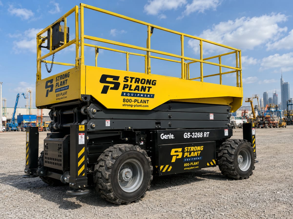 Genie GS-3268 RT scissor lift — rear three-quarter view, platform lowered