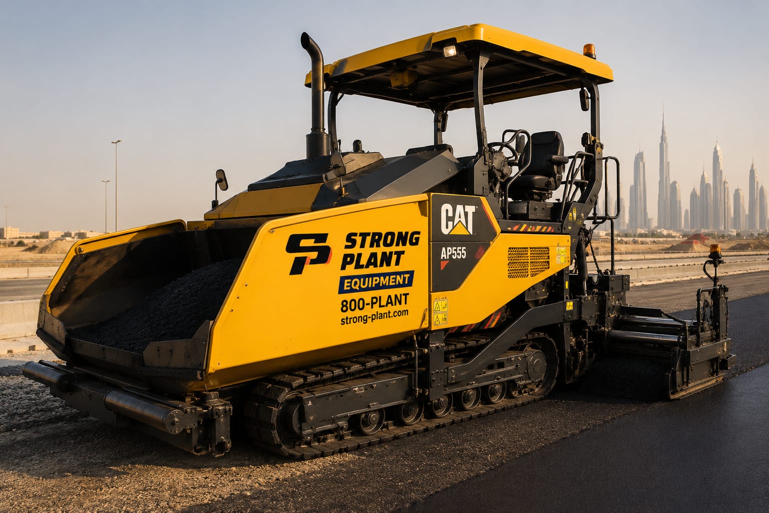 Caterpillar AP555 tracked asphalt paver laying a mat of fresh asphalt