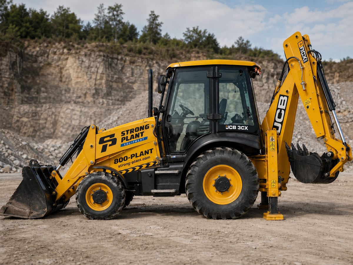 JCB 3CX backhoe loader — front loading shovel, quarry site