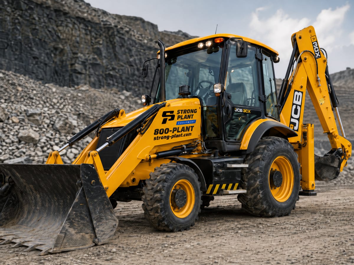 JCB 3CX backhoe loader — side profile with rear excavator boom