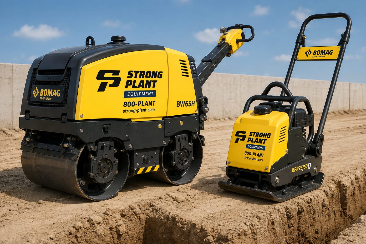 Bomag walk-behind twin-drum roller and reversible plate compactor beside a trench