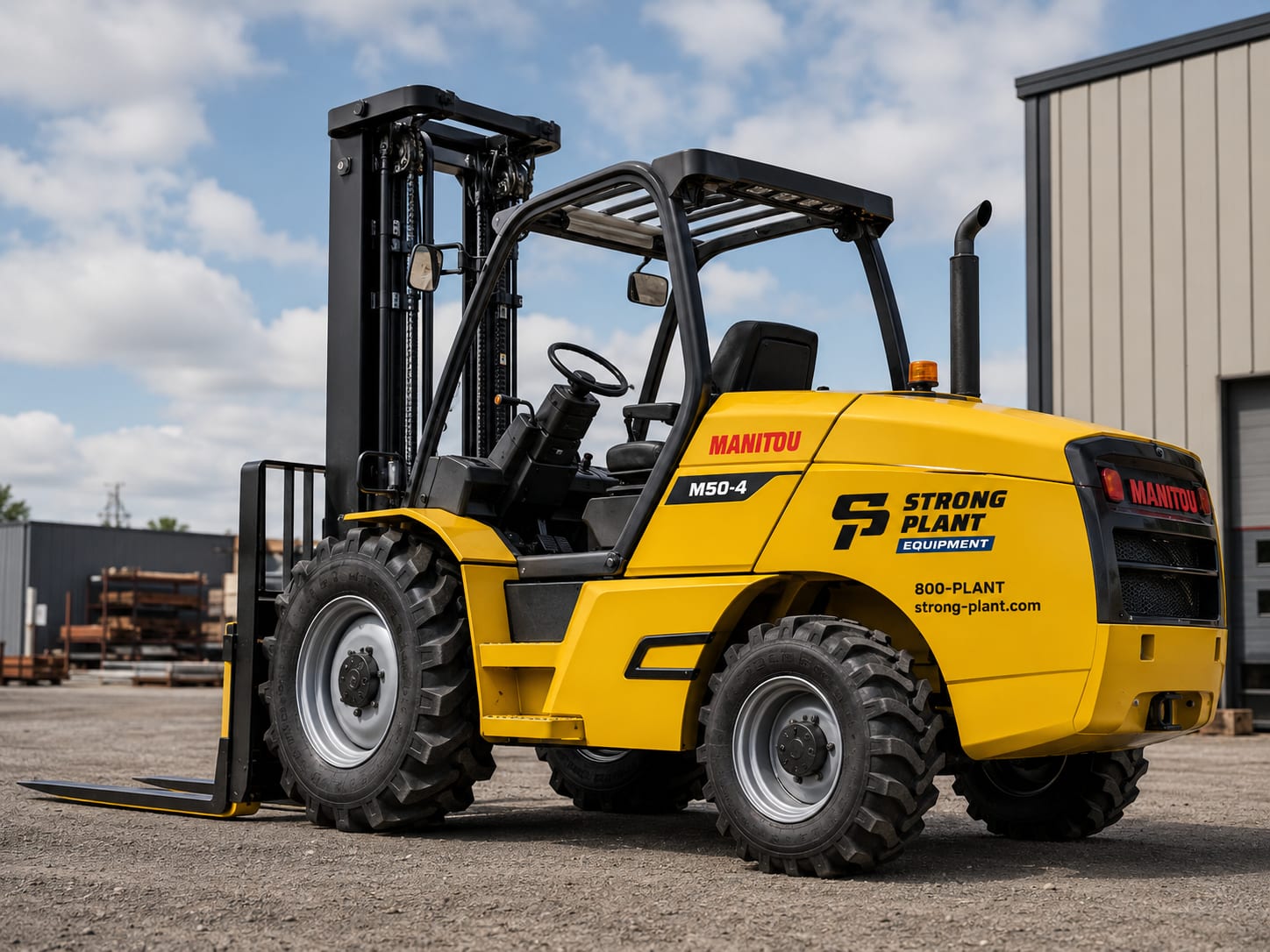 Manitou M50-4 rough-terrain forklift in Strong Plant livery at a UAE yard