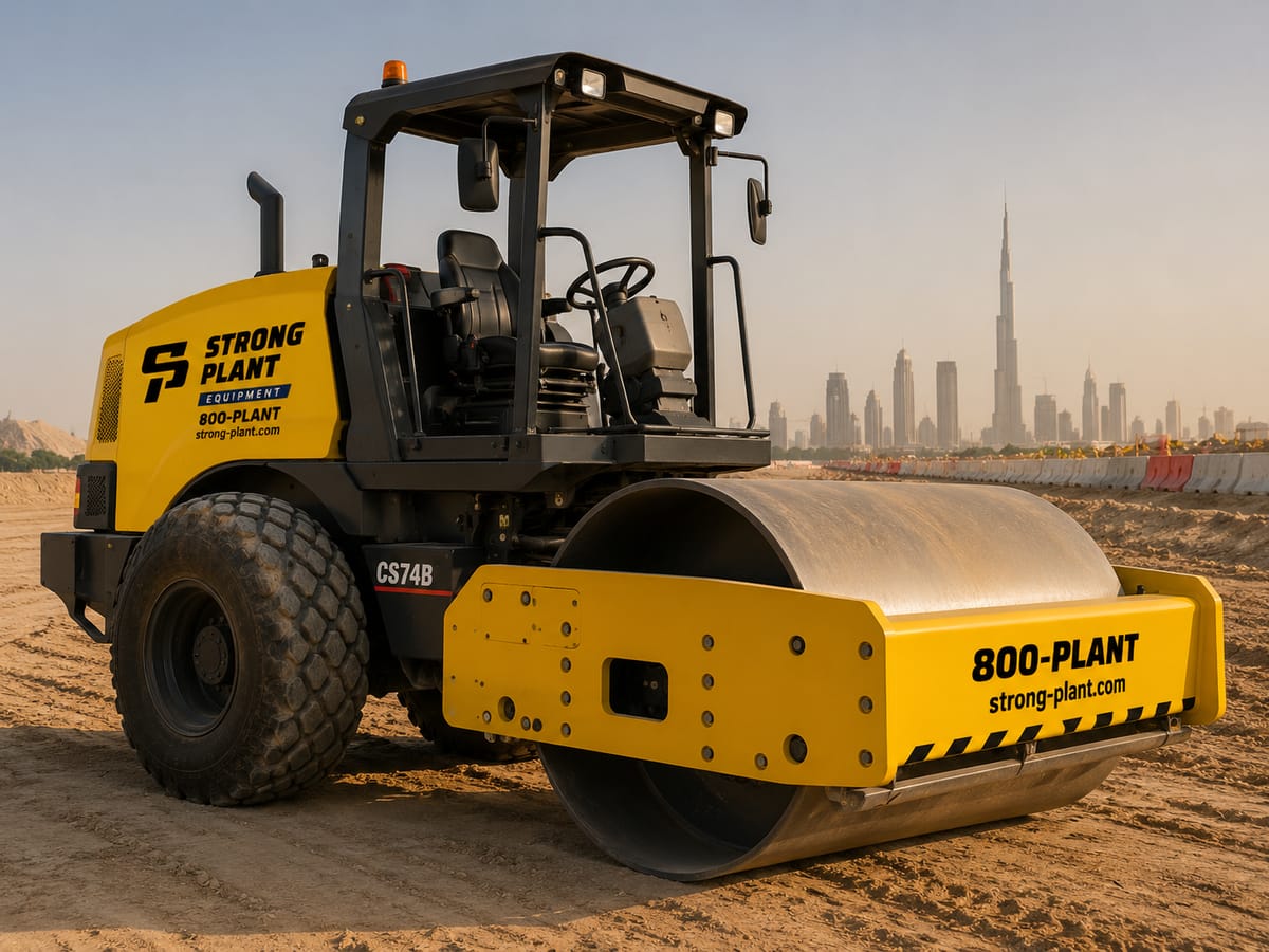 Single-drum soil compactor — open-canopy variant on a UAE earthworks site